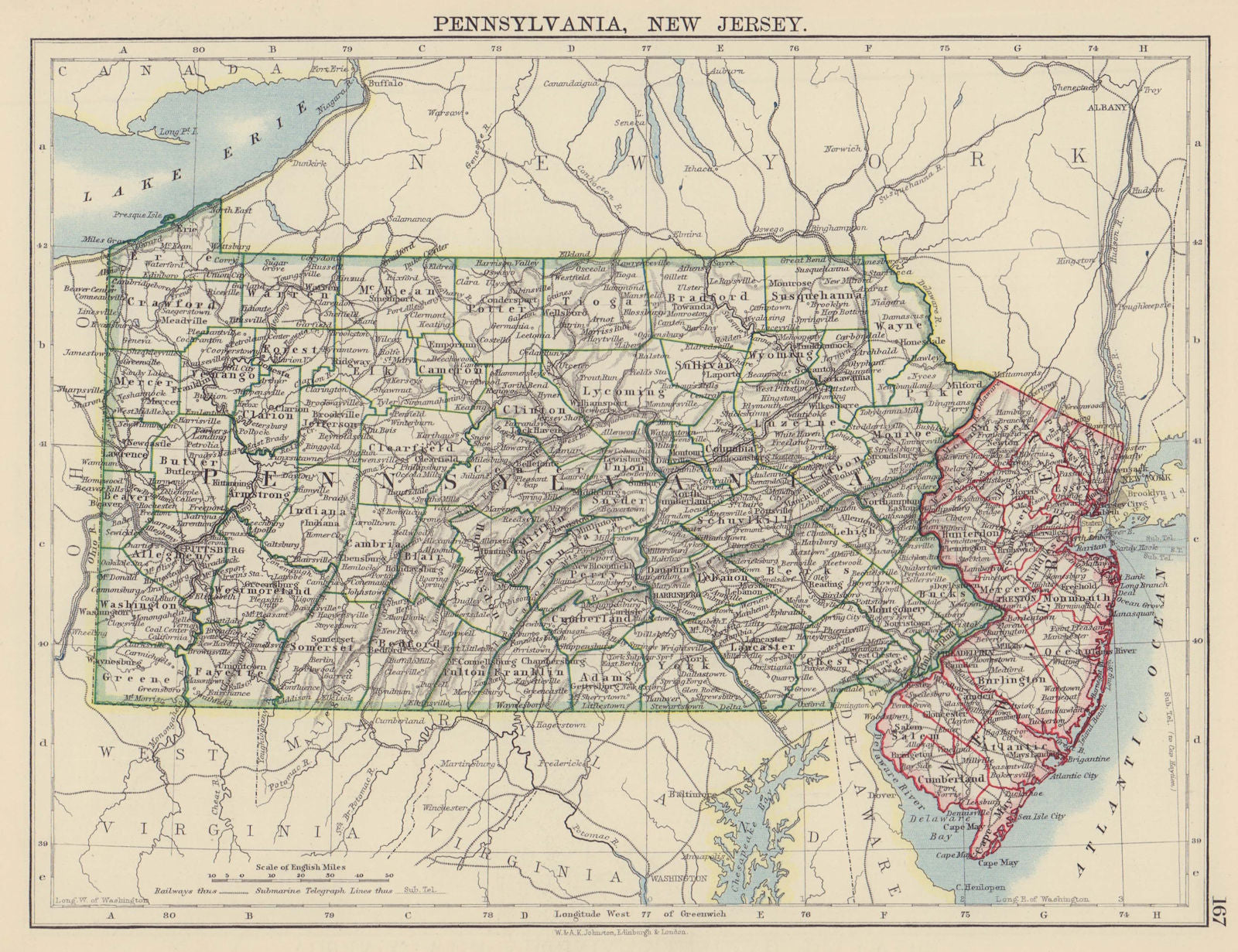 US MID ATLANTIC STATES. Pennsylvania & New Jersey. Counties railroads 1901 map